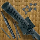 The throwing stars are shown attached to the guard of the ninjato sword next to the throwing knives and mini tanto. 
