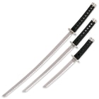 The katana, wakizashi, and tanto are laid side-by-side, all with matching cord-wrapped hilt. 