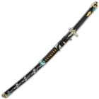 The 38” overall katana slides smoothly into black lacquered scabbard with painted accents and traditional cord-wrapping