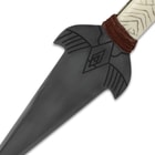 Zoomed view of the fantasy design featured on the Kombat Kunai Thrower pewter colored blade.
