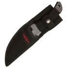 The black throwing knife trio housed in a black nylon sheath with “HibbenKnives” stitched on the front