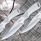 The three throwing knives are made of 1/8” thick solid stainless steel construction, shown on a wooden background.
