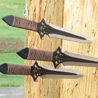 Each of the three throwing knives has a balanced handle-to-blade constructed of one solid piece of 3Cr13 stainless steel.