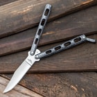 Small Black And Silver Speckled Skeleton Butterfly Knife - Stainless Steel Blade, Die Cast Metal Handles, USA Made