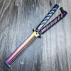 The comb part of this trainer is shown with the two rainbow stainless steel flippers behind it.