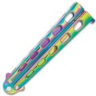 Shown closed, the knife has rainbow finish skeletonized handles that can be flipped open.