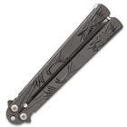 Black Dragon Butterfly Knife - Stainless Steel Blade, Molded Steel Handle, Latch Lock, Double Flippers - Length 9 1/4”