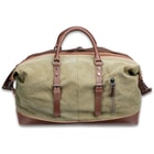 The duffle bag has a travel tough, green canvas construction with a soft, protective lining on the inside and is approximately 13”x 21”