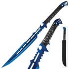 The black, 3Cr13 stainless steel sword is accented with metallic blue along the spine and edge, which has partial serrations and is razor-sharp