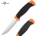 The Wahoo Killer Knife has a thick, 4” razor-sharp stainless steel blade and an overlayed, textured rubber handle