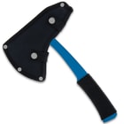 The blue axe with its blade cover