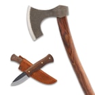 Included in the Bushcraft Bundle is the bushcrafter knife with wooden handle and sheath and bushcraft axe with wooden handle.
