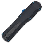 The Benchmade Black Autocrat Automatic OTF Dagger has a pocket clip