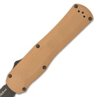 The 5” handle is made of coyote brown G10 and features a deep-carry, reversible tip-down pocket clip