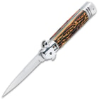 The Stag Lever Lock Automatic Stiletto Knife shown fully open
