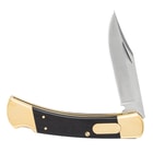 Partially open pocket knife positioned in a backwards “L” shape with a silver blade and dark wood handle with gold accents.