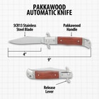 The Pakkawood Automatic Knife's overall specs