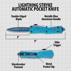 A detailed diagram of the Lightning Blue Knife, highlighting its precision craftsmanship, metallic blue accents, and stainless steel construction, both open and closed.