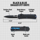“Black & Blue Dagger OTF Knife” text shown above a diagram detailing specifics of the knife, like its 8 3/4" overall length.