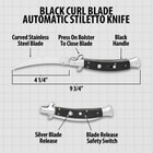 “Black Curl Blade Automatic Stiletto Knife” text shown above a diagram of the 9 3/4" knife with silver release on its black handle.