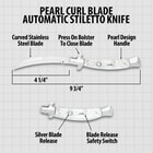 “Pearl Curl Blade Automatic Stiletto Knife” text shown above a diagram of the 9 3/4" knife with silver release on its pearl handle.