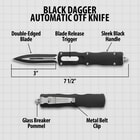 “Black Dagger OTF Knife” text shown above a diagram detailing specifics of the knife, like its 7 1/2" overall length.