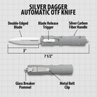 “Silver Dagger Automatic OTF” text shown above a diagram detailing specifics of the knife, like its 7 1/2" overall length.