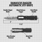 “Damascus Dagger Automatic OTF” text shown above a diagram detailing specifics of the knife, like its 7 1/2" overall length.