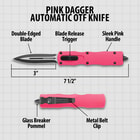 “Pink Dagger Automatic OTF” text shown above a diagram detailing specifics of the knife, like its 7 1/2" overall length.