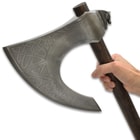 A close-up of the sharp axe blade