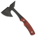 It has a black-coated, stainless steel axe head with a 3”, razor-sharp edge on one side and a penetrating point on the other side