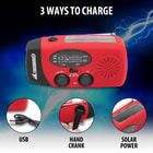 Multiple images showing the 3 ways you can charge the Hand Crank Solar Radio.