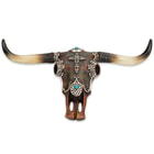 Leather Wrapped Longhorn Bull Skull with Ornamental Accents - Resin Sculpture / Plaque