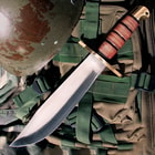 USMC Jungle Bowie Knife And Sheath - Stainless Steel Blade, Stacked Leather Handle, Brass Guard - Length 14"