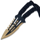 Both short sword and throwers have a solid, one-piece stainless steel construction with a black and gold two-tone finish