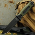 The tough TPU handle has a highly textured, olive drab TPR grip and it features a stainless steel glassbreaker pommel