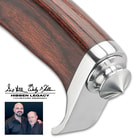 The premium wooden handle is comfortable in your hand and features a stainless steel guard, sub-hilt and pommel