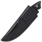 The 8” overall skinner knife can be carried securely in a premium, black leather belt sheath