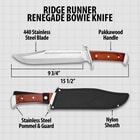 Up close view of bowie wooden bowie handle and top of blade with engraving "Ridge Runner" and hand guard. 
