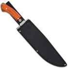 The 16 7/10” overall machete can be stored and carried in the included nylon belt sheath with snap strap closure