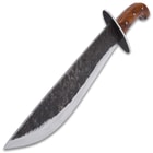 It has a rough-forged, full-tang 12” carbon steel blade, which extends from a matching carbon steel handguard