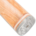 The rounded handle is crafted of light brown oil wood, accented with stainless steel bands and it has a Damascus pommel