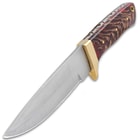 It has a fileworked, full-tang, 4 3/4” stainless steel, drop point blade, which extends from a polished brass half-guard