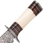 Timber Wolf Stillwater Damascus Bowie with Genuine Leather Sheath - Camel Bone and Walnut Handle
