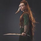 The Hobbit character Tauriel is shown holding bronzed dual daggers.  