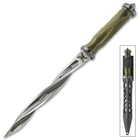 The 13 1/2" knife has an 8” cast stainless steel blade with three spiraling cutting edges and olive drab glass-fiber-reinforced nylon handle with skull crusher pommel.