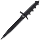 This dagger has an 8 1/8” 1065 carbon steel blade and cast aluminum handle with black powder coating and no-slip TPR grip inserts.