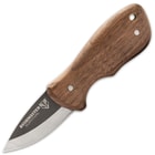 The handle scales are crafted of hardwood, secured with brass pins, and the comfortable handle has a lanyard hole