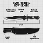 A diagram is shown outlining the various parts of the USMC Bulldog Bowie Knife, shown both in and out of its sheath.
