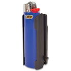 Blue "BIC" lighter partially enclosed in a matte black aluminum caddy containing a pocket knife.
